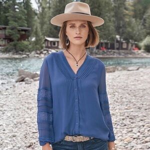 Sundance Mellow Days Cupro Pintuck Lace Blue Blouse Shirt Top Size Medium